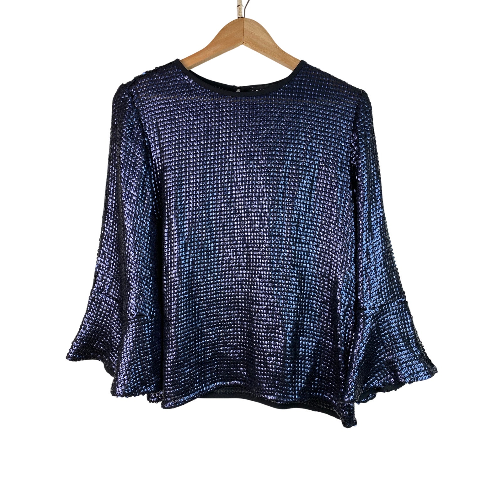 Trouve Women's S Blue Sequin Bell Sleeve Pullover Blouse *